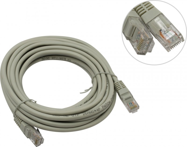 Патч корд 5 метров, UTP4, cat.5, чистая медь, интернет кабель RJ45 с переходником RJ-45 на RJ-45 в комплекте, серый