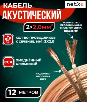 Кабель акустический 2x2.0мм2 (3x37x0.15мм), CCA, прозрачный, Technolink, 12 метров