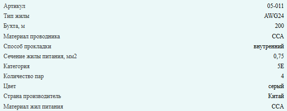 Кабель комбинированный UTP (с питанием), cat.5e, 4 пары + 2x0.75, CCA, внутренний, Eletec, 25 метров