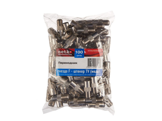 Переходник F-female (мама) на TV-male (папа), медный, (P108-52), Netko, 1 шт.