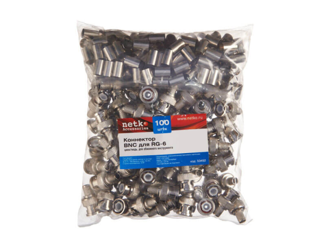 Разъем BNC-male для кабеля RG-6 и SAT-703, покрытие цинк, обжимной, Netko, 2 шт