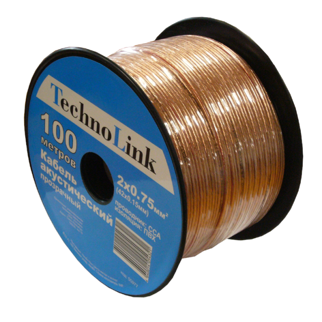Кабель акустический 2x0.75мм2 (42x0.15мм), CCA, прозрачный, Technolink, 3 метра