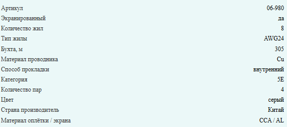 Кабель витая пара SFTP (экранированный), cat.5e, 4 пары AWG24, медный проводник, внутренний, Eletec, 10 метров