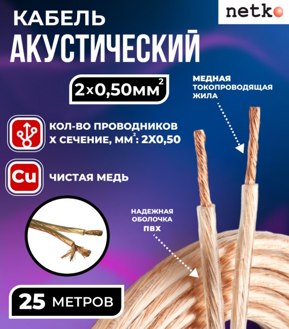 Кабель акустический 2x0.50мм2 (44x0.12мм), чистая медь, прозрачный, Netko, 25 метров