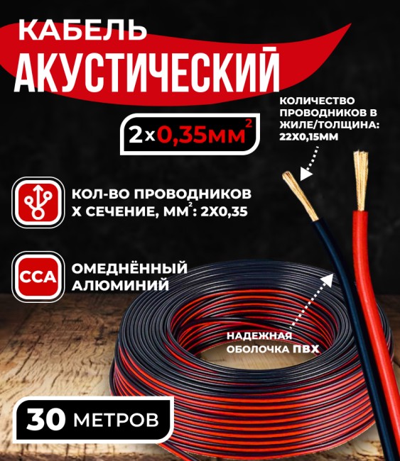 Кабель акустический 2x0.35мм2 (20x0.15мм), CCA, черно-красный, Technolink, 30 метров