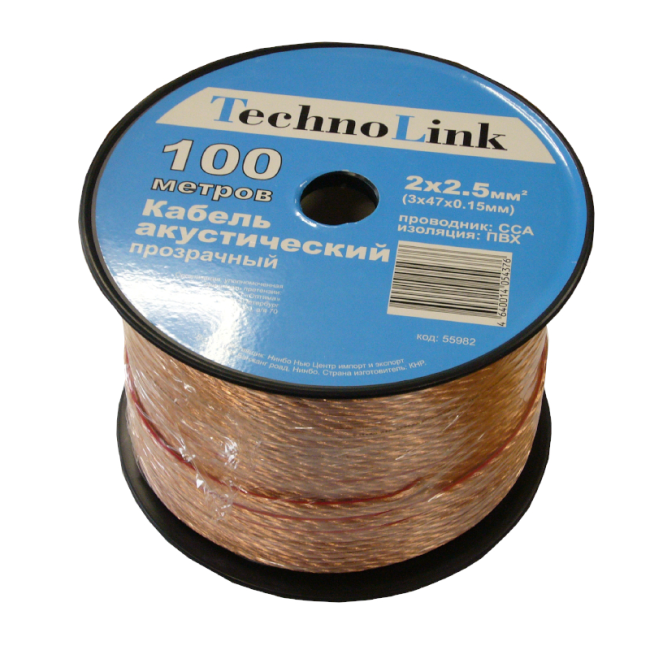 Кабель акустический 2x2.5мм2 (3x47x0.15мм), CCA, прозрачный, Technolink, 30 метров