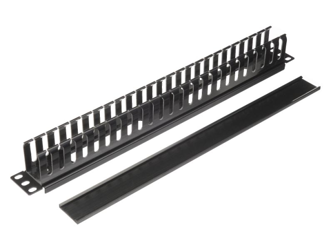 Кабельный органайзер 19', 1U, металлический, с пласт. крышкой, пласт. кольца, черный Кабельный органайзер 19', 1U, металлический, с пласт. крышкой, пласт. кольца, черный