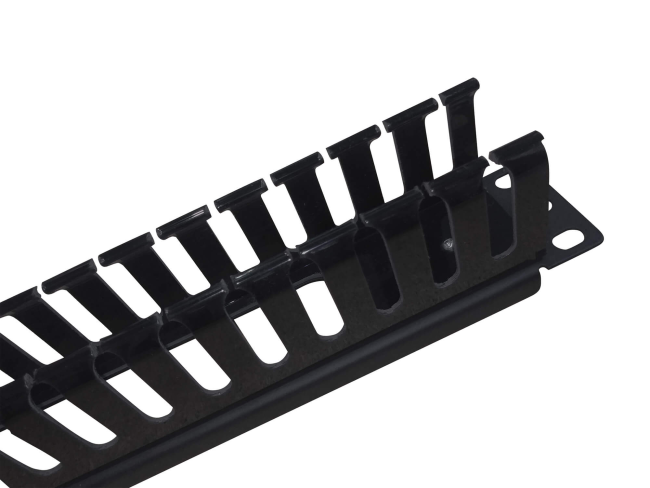 Кабельный органайзер 19', 1U, металлический, с пласт. крышкой, пласт. кольца, черный Кабельный органайзер 19', 1U, металлический, с пласт. крышкой, пласт. кольца, черный