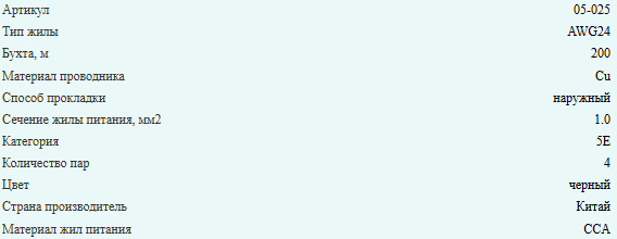 Кабель комбинированный UTP (с питанием), cat.5e, 4 пары, медный проводник + 2x1.0, уличный, 30 метров