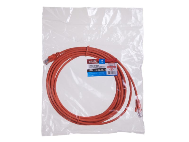 Патч корд 5 метров, UTP4, cat.5, медный, интернет кабель RJ45 с переходником RJ-45 на RJ-45 в комплекте, оранжевый