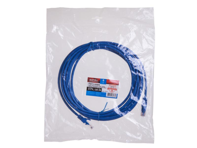 Патч корд 5 метров, UTP4, cat.5, медный, интернет кабель RJ45 с переходником RJ-45 на RJ-45 в комплекте, синий