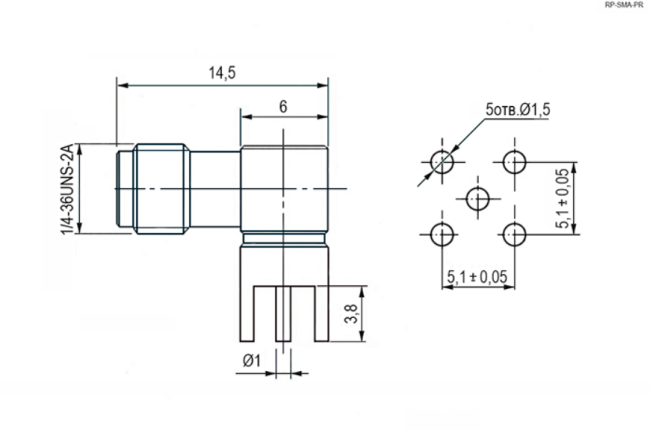 Разъем RP-SMA-female (обратный), угловой, на плату под пайку, 4 шт.