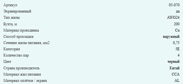 Кабель комбинированный FTP (экранированный), cat.5e, 4 пары медь + питание 2x0.75, уличный с тросом, 10 метров