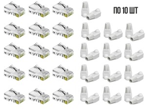 Комплект: коннектор RJ45 под витую пару UTP c изолирующими колпачками (белый), по 10 шт