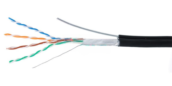 Кабель витая пара FTP (экранированный), cat.5e, 4 пары, уличный с тросом, медный проводник, Eletec, 25 метров