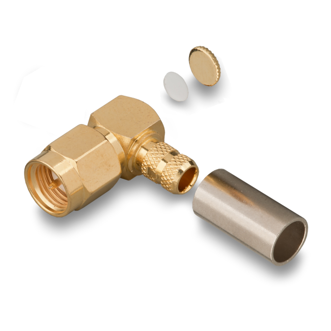 Разъем угловой SMA-male под кабель RG58, 50 Ом, обжимной под пайку, 10 шт.