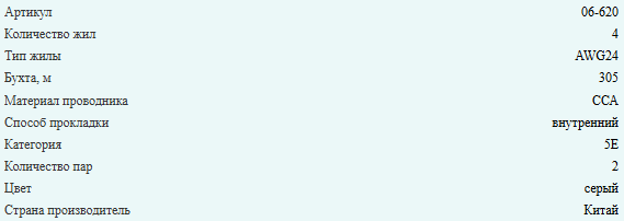 Кабель витая пара UTP, cat.5e, 2 пары 24AWG, ССA, Eletec, внутренний, 270 метров