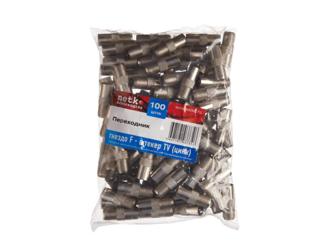Переходник F-female на штекер (папа) TV (P108-52), Netko, 100 шт.