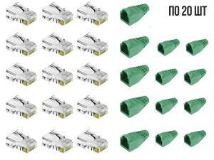 Комплект: коннектор RJ45 под витую пару UTP c изолирующими колпачками (зеленый), по 20 шт