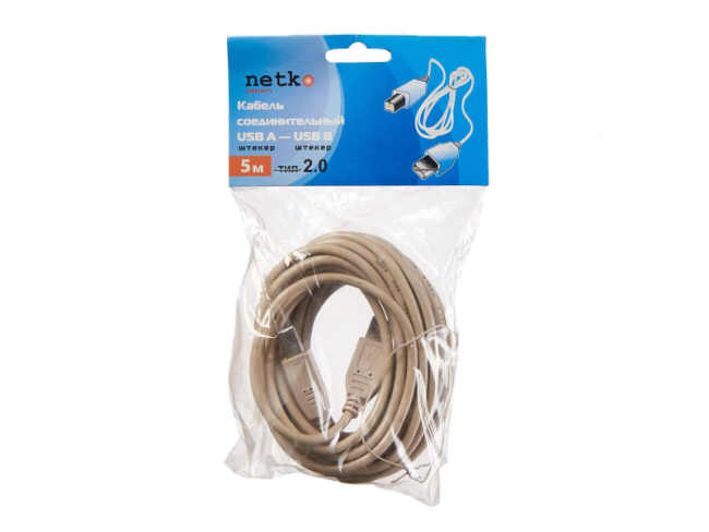 Кабель USB-A-male - USB-В-male, серый, Netko, 5 метров