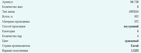 Кабель витая пара UTP, cat.6 23AWG, 4 пары, LSZH, медный проводник, Eletec, внутренний, 130 метров