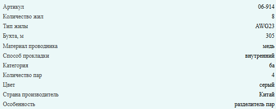 Кабель витая пара UTP, cat.6a, 4 пары AWG23, медный проводник, Eletec, внутренний, 110 метров