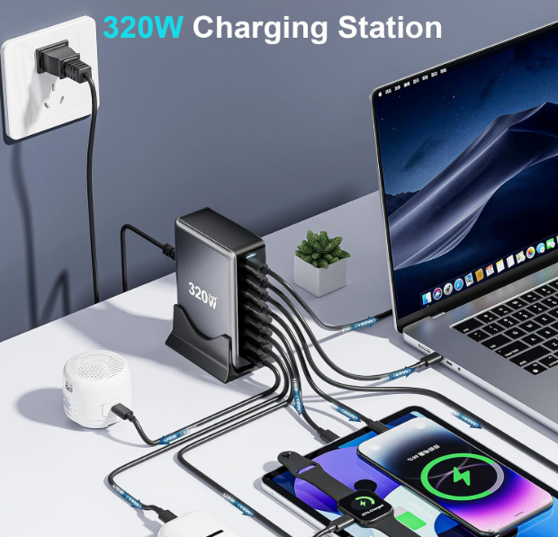 Зарядная станция (YMX-320W) с 4 Type-C и 4 USB портами, общая мощность 320 ватт, серый металлик Зарядная станция (YMX-320W) с 4 Type-C и 4 USB портами, общая мощность 320 ватт, серый металлик