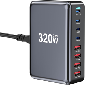 Зарядная станция (YMX-320W) с 4 Type-C и 4 USB портами, общая мощность 320 ватт, серый металлик