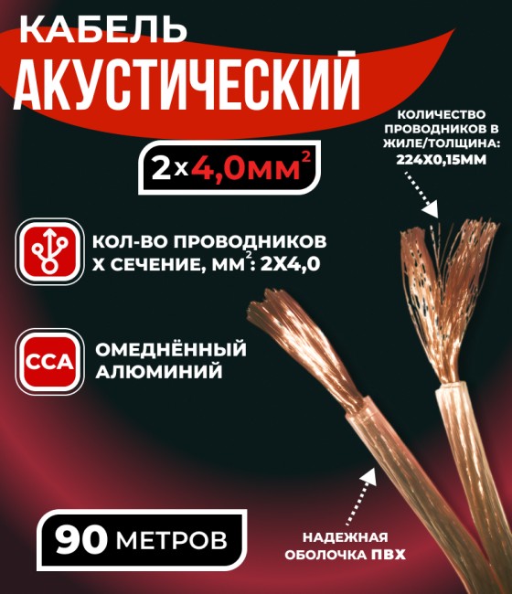 Кабель акустический 2x4.0мм2 (7x32x0.15мм), CCA, прозрачный, Technolink, 90 метров