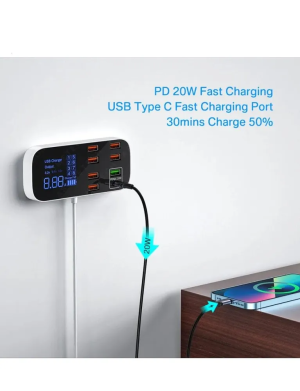 Зарядная станция (WLX-A9D) c 7 USB-A портами + 1 USB-C (Type-C) портом, общая мощность 40 ватт, дисплей