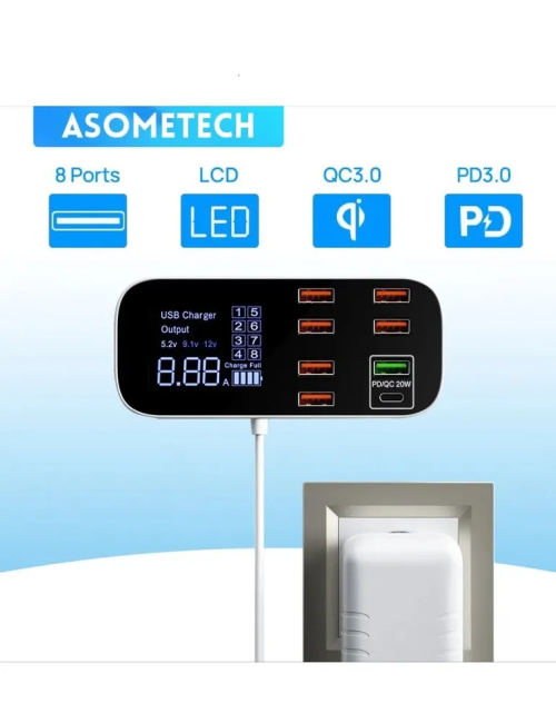 Зарядная станция (WLX-A9D) c 7 USB-A портами + 1 USB-C (Type-C) портом, общая мощность 40 ватт, дисплей