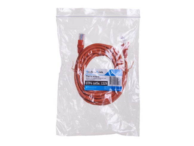 Патч корд 3 метра, UTP4, cat.5, медный, интернет кабель RJ45 с переходником RJ-45 на RJ-45 в комплекте, оранжевый