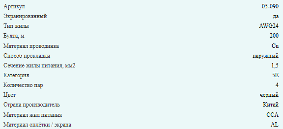 Кабель комбинированный FTP (экранированный), cat.5e, 4 пары медь + питание 2x1.5, уличный, 170 метров