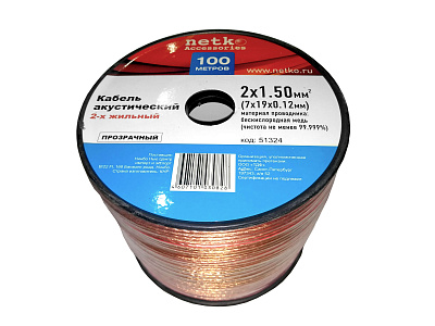 Кабель акустический 2x1.5мм2 (7x19x0.12мм), чистая медь, пластиковая катушка, прозрачный Netko, 15 метров