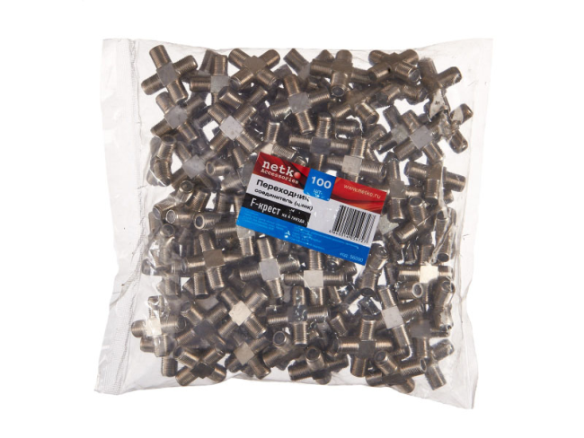 Разветвитель F-female на 4 разъема, крестовой переходник, цинк, покрытие никель, Netko, 10 шт