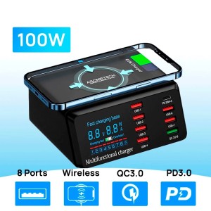 Зарядная станция с 8 USB-портами, Type-C, беспроводной зарядкой и цифровым дисплеем, 100 Вт