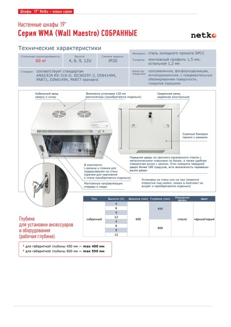 Шкаф настенный 12U серия WMA (Wall Maestro) (600х450х635), передняя дверь стекло, собранный, серый Netko Шкаф настенный 12U серия WMA (Wall Maestro) (600х450х635), передняя дверь стекло, собранный, серый Netko