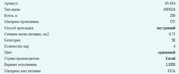 Кабель комбинированный UTP (с питанием), cat.5e, 4 пары, медный проводник + 2x0.75, LSZH, 50 метров