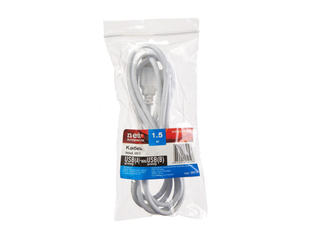 Кабель USB-A-male - mini USB-B, белый, Netko, 1,5 метра