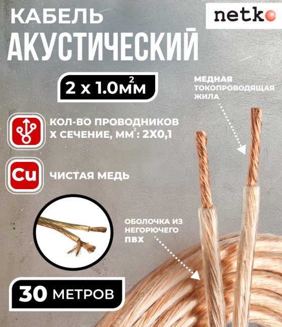 Кабель акустический 2x1.0мм2 (88x0.12мм), чистая медь, прозрачный, Netko, 30 метров