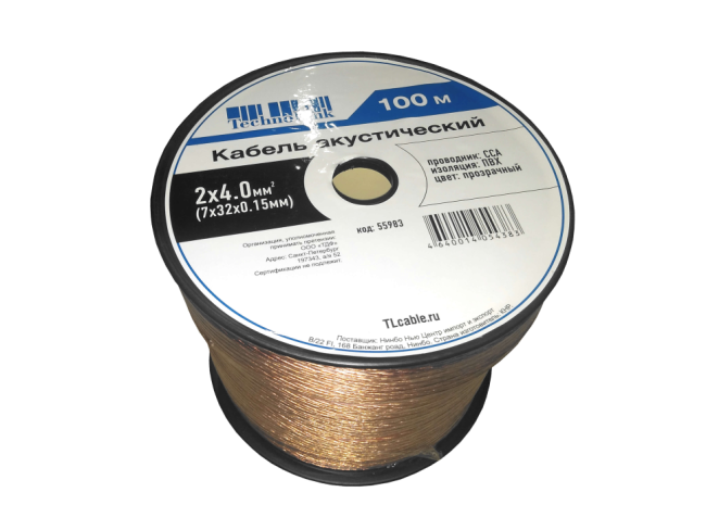 Кабель акустический 2x4.0мм2 (7x32x0.15мм), CCA, прозрачный, Technolink, 2 метра