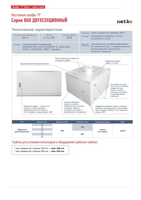 Шкаф настенный 6U серия DUO (600х550х370), 2-х секционный, передняя дверь металл, собранный, серый Netko Шкаф настенный 6U серия DUO (600х550х370), 2-х секционный, передняя дверь металл, собранный, серый Netko