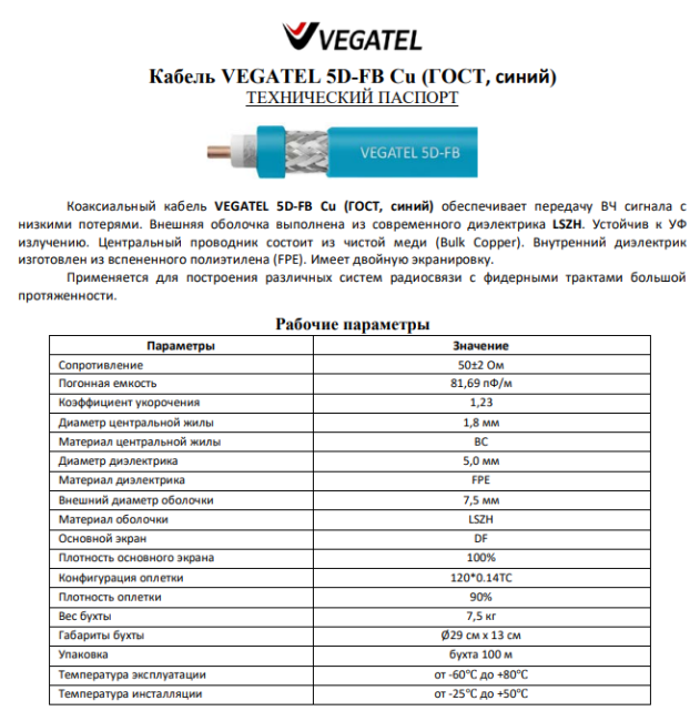 Кабель радиочастотный коаксиальный 5D-FB CU ГОСТ (медный проводник), 50 Ом, LSZH, 25 м. Кабель радиочастотный коаксиальный 5D-FB CU ГОСТ (медный проводник), 50 Ом, LSZH, 25 м.