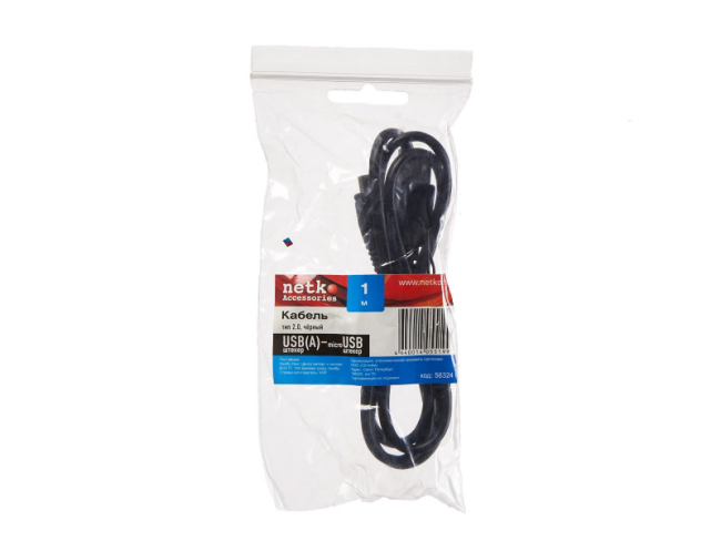 Кабель USB-A-male - micro USB, черный, Netko, 1 метр