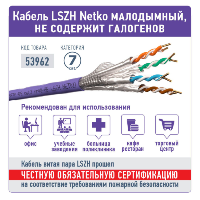 Кабель витая пара S/FTP4 cat.7, 23AWG, чистая медь, нг(А)-HF LSZH, фиолетовый, проходит Fluke Test, Netko, 250 метров