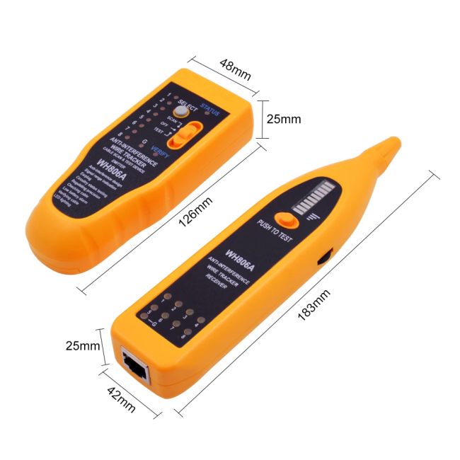 Трассоискатель кабельный CHIPAL WH-806A (WH806A) с LAN-тестером, BNC, RG9/11/12/45, тональный генератор с разъемами крокодил, чехол