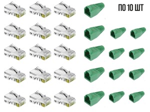 Комплект: коннектор RJ45 под витую пару UTP c изолирующими колпачками (зеленый), по 10 шт