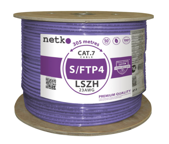 Кабель витая пара S/FTP4 cat.7, 23AWG, чистая медь, нг(А)-HF LSZH, фиолетовый, проходит Fluke Test, Netko, 305 метров