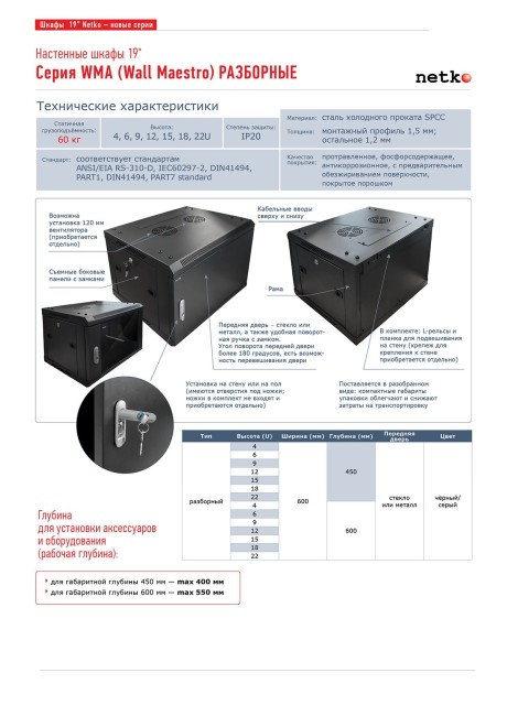 Шкаф настенный 9U серия WMA (Wall Maestro) (600х450х500), передняя дверь стекло, разборный, серый Netko Шкаф настенный 9U серия WMA (Wall Maestro) (600х450х500), передняя дверь стекло, разборный, серый Netko