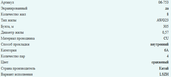 Кабель витая пара SFTP (экранированный), cat.6a, 4 пары AWG23, LSZH, медный проводник, внутренний, Eletec, 170 метров